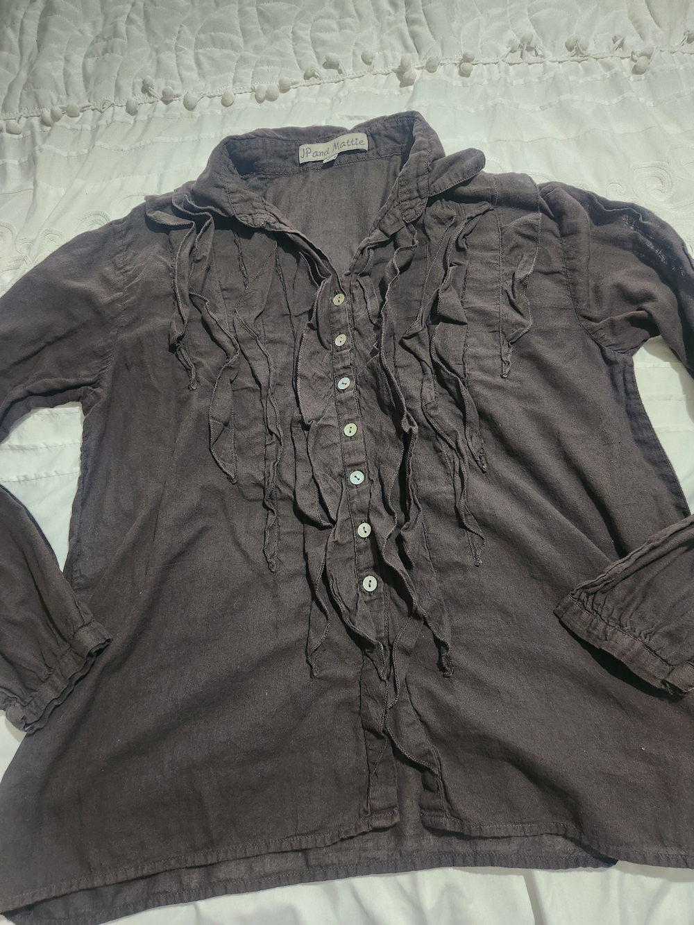JP and Miette Brown Ruffle Button-Down Blouse